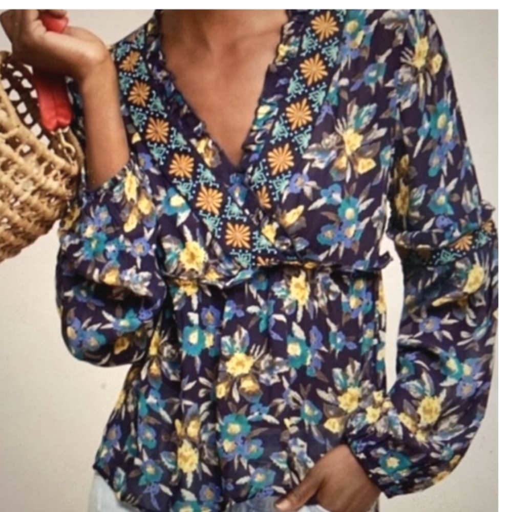 Meadow Rue Anthropologie Navy Embroidered Floral Top